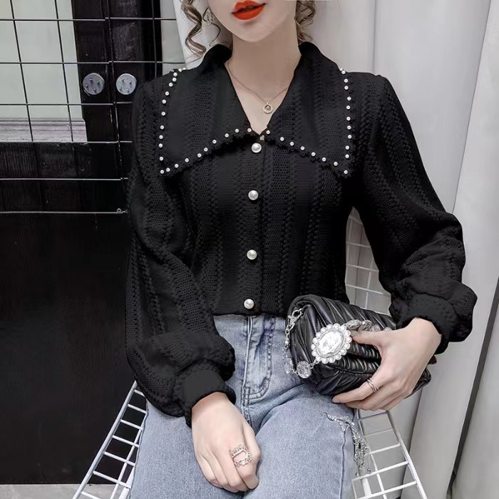 Blus Korea Wanita Potongan Longgar Lengan Panjang Puff Bahan Shifon Model Renda blouse wanita korea 