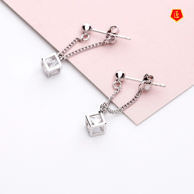 [Ready Stock]925 Silver Hollow Rubik's Cube Diamond Stud Earrings for Women