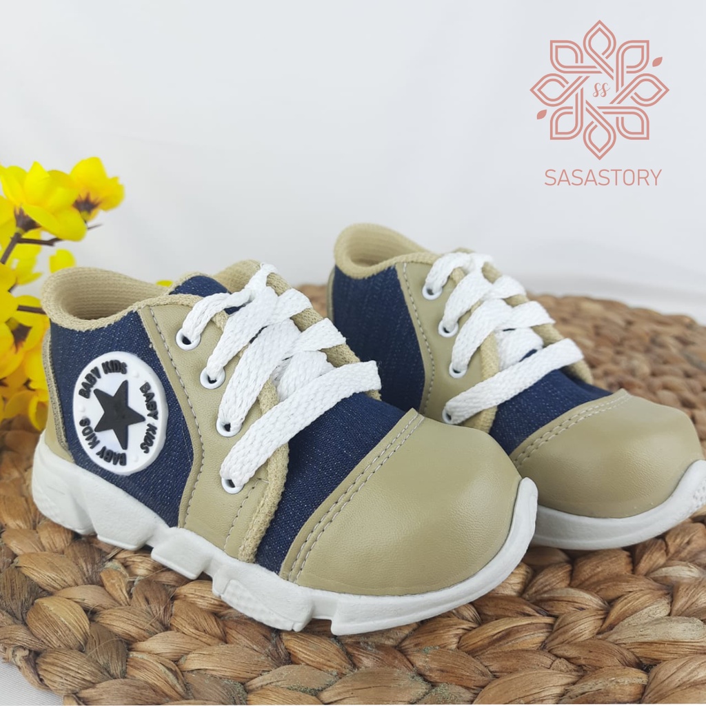 Sasastory Sepatu Sneaker Anak Laki Laki Denim Sepatu Tali Anak Usia 1 2 3 Tahun CA26