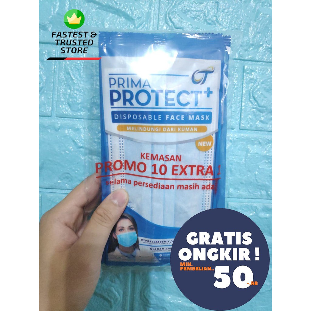 Masker 3 ply Earloop Prima Protect isi 10 (Setiap Masker di Plastik)