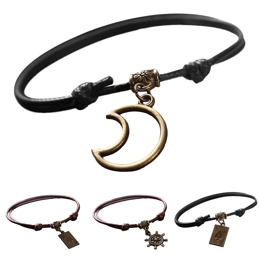 Canaan Gelang Tangan Tali Adjust Aksen Hollow + Bulan + Kartu Poker Untuk Perhiasan Pria / Wanita