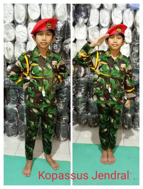 Baju/stelan/kostum profesi karnaval TNI kopasus/baret merah anak TK dan SD