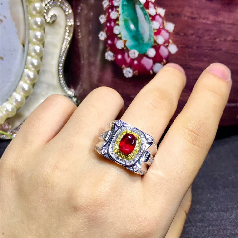 Cincin Kawin Rubi Bertatahkan Emas Putih Mewah Fashion Perhiasan Pria Wanita Berlian Batu Permata Kristal Merah Silver Rings