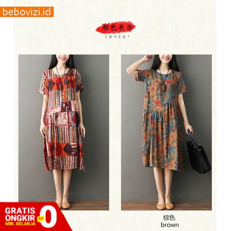 Casual Dress Retro Bohemian Linen Midi O-Neck Lengan Pendek Katun Wanita Longgar