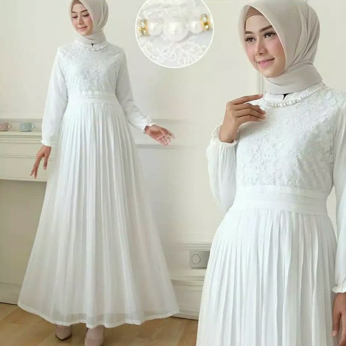 GAMIS WANITA MUSLIMAH BAJU LEBARAN SYARI BRUKAT MODERN - Putih, M