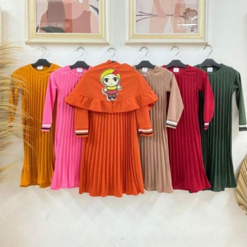 (Grosir) Gamis Anak Plisket Plus Hijab