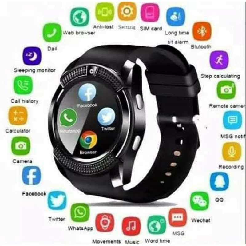 Jam Tangan_Smart_watch_V8 Jam Tangan Sporty Telfon Sms Internet Facebook Support SIM Card