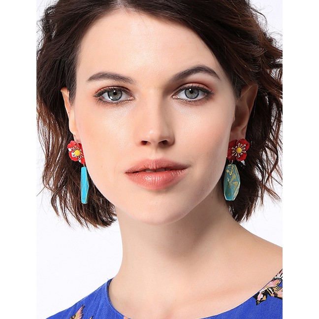 LRC Anting Tusuk Fashion Red Flower Shape Decorated Earringscc