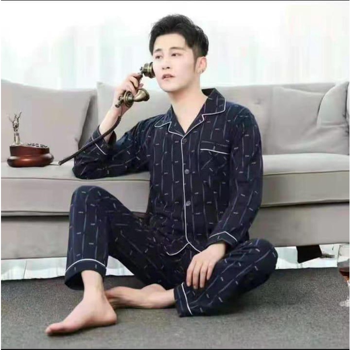 BAJU TIDUR PIYAMA COWOK KATUN IMPORT BERKUALITAS MOTIF KRA KANCING LIMA LENGAN PANJANG SETELAN CELANA PANJANG ABU ABU MUDA TERBARU BAPAK BAPAK SIZE L-XXXL FIT TO 85KG