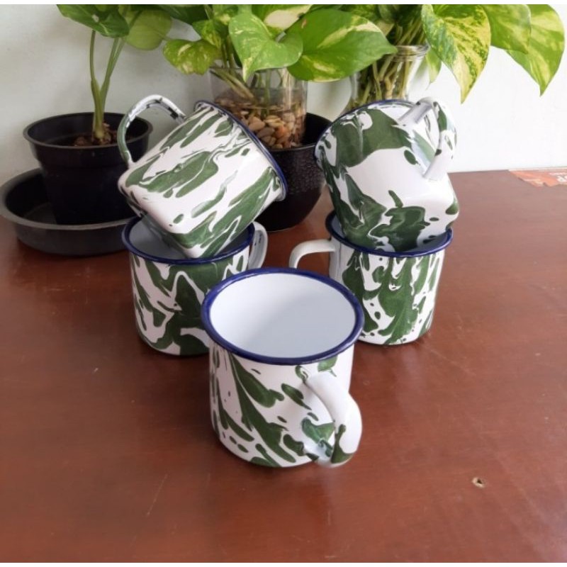 MUG CANGKIR ENAMEL SENG KALENG BLIRIK BLURIK BURIK LOREK BATIK HIJAU JADUL KUNO ANTIK 7CM