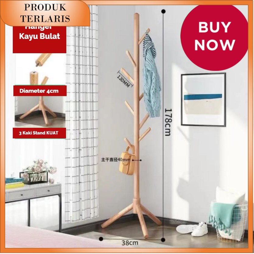 Terlaris MH178 KAYU BULAT + Stand Hanger / Gantungan Tiang Berdiri / Hanger Gantungan Baju Tas