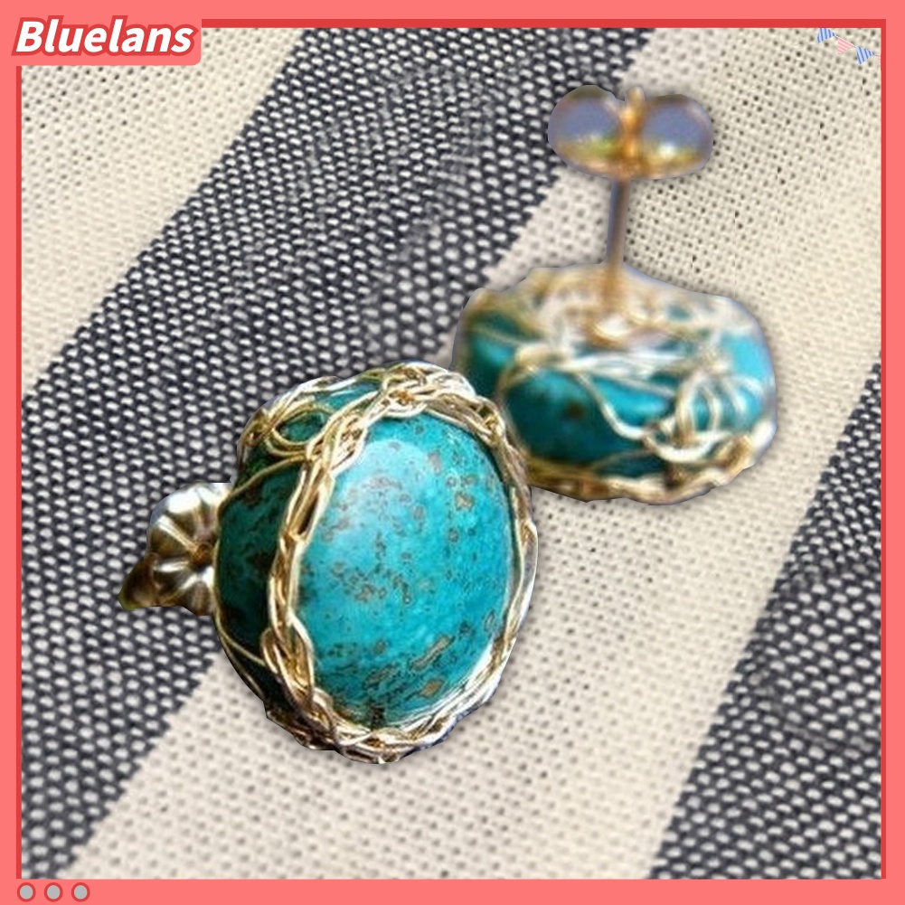 Anting Stud Bentuk Bulat Turquoise Imitasi Gaya Vintage Untuk Wanita