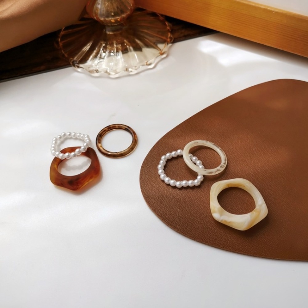 3pcs / set Cincin Jari Telunjuk Desain Mutiara Resin Gaya Retro Untuk Wanita