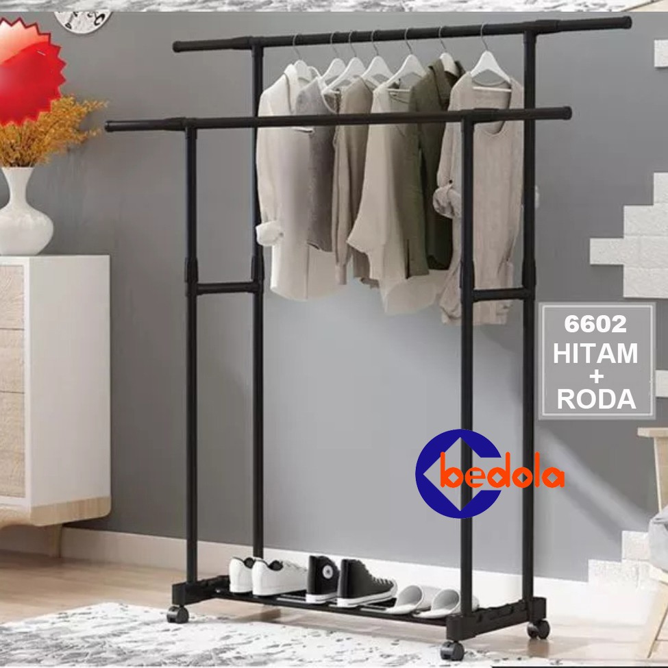 Bedola Stand hanger double rak serbaguna dengan 4 roda 2 sisi