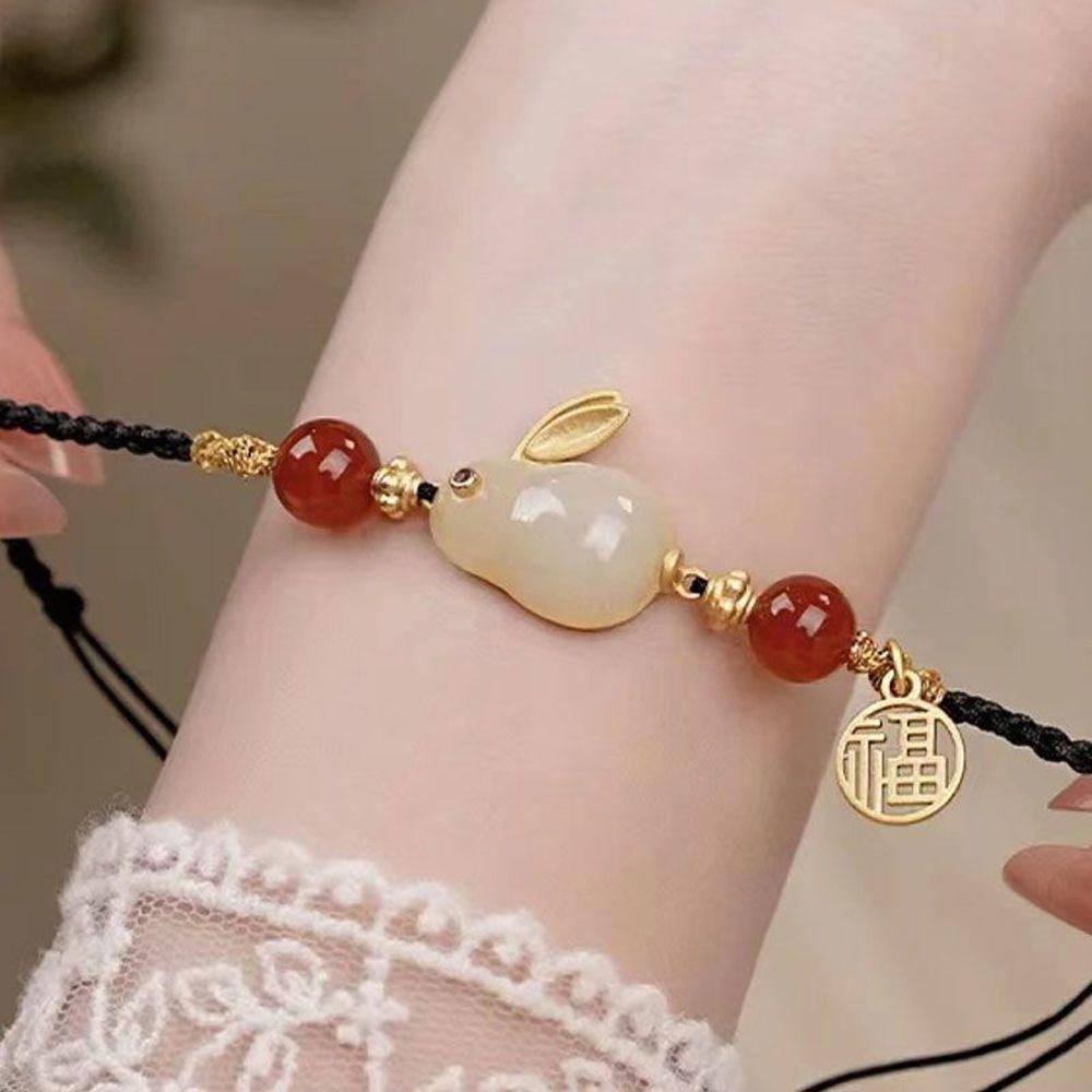 Gelang Giok Agate Merah Hijau Bentuk Kelinci Gaya China Korea Untuk Hadiah