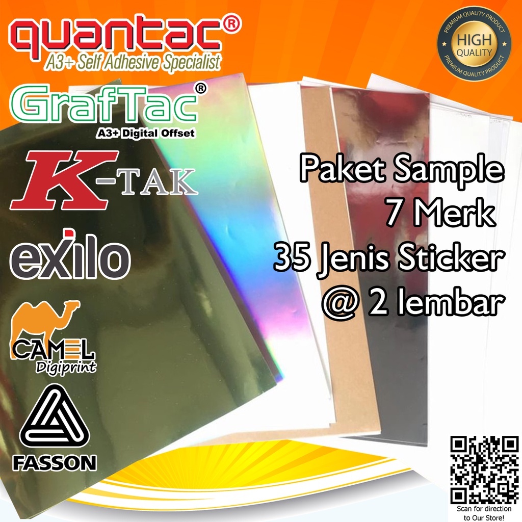 Repack - Paket Sample Stiker Digital Print Laser Dry Toner Aneka Sticker Vinyl White Gloss / Matte / Matt / Doff/ Transparan / Hologram / Silver / Gold / Kromo / HVS dan Kraft