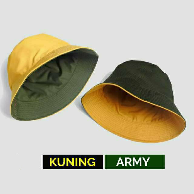 Topi Bucket Hat Polos Bolak Balik 2 Warna HIJAU KUNING
