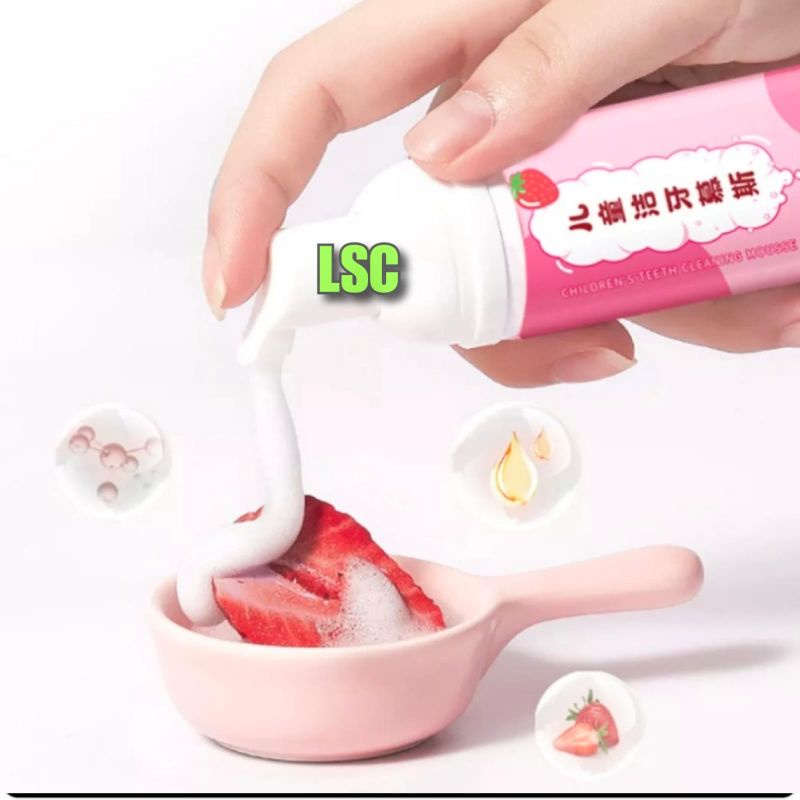 Pasta gigi busa foam anak-anak tanpa fluorine, pembersih gigi, odol anak busa foam, isi 60ml rasa strawberry