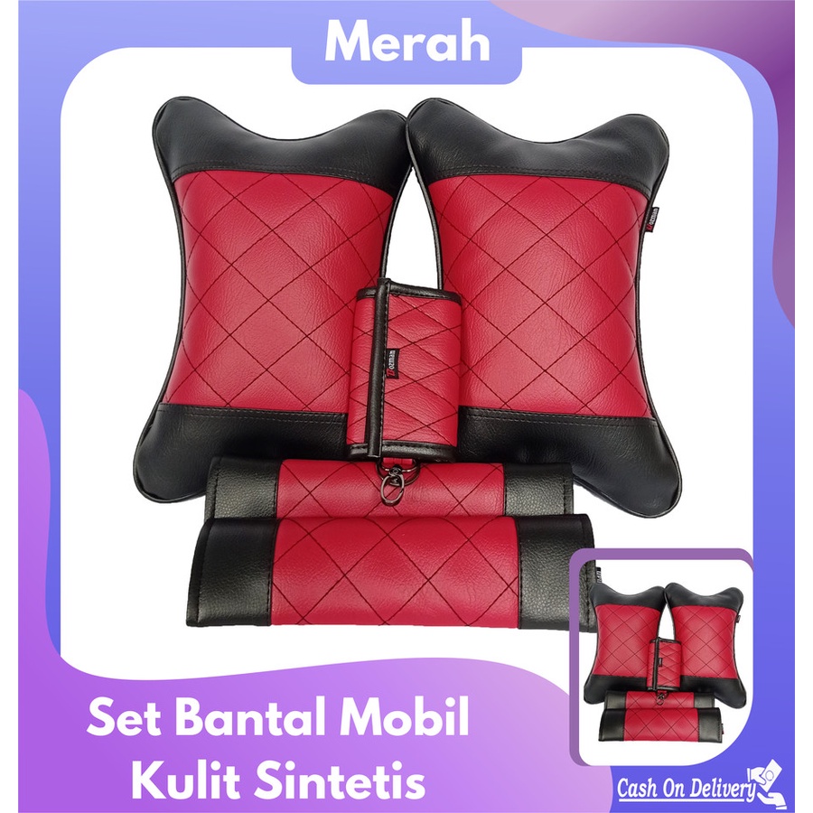 Set Bantal Mobil Merah Trendy 3 In 1 Nyaman &amp; Keren Premium isi 2 bantal mobil 2 seatbelt dan 1dompet stnk