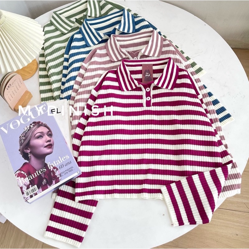 Freya Crop Blouse - Atasan Blouse Wanita Berkerah Polo Motif Stripe