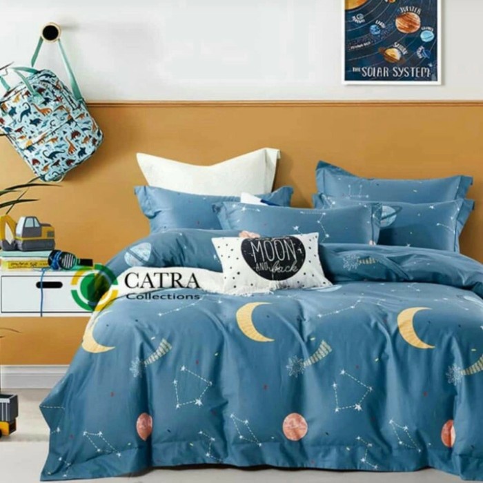 Sprei Set Anti Geser Katun Catra Motif Bulan Bintang Blue&White 100*20 Barang Bagus