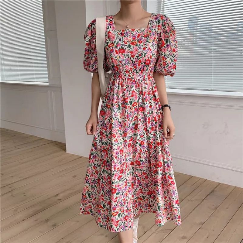 Gaun Maxi Bunga Lengan Puff Elegant Korea