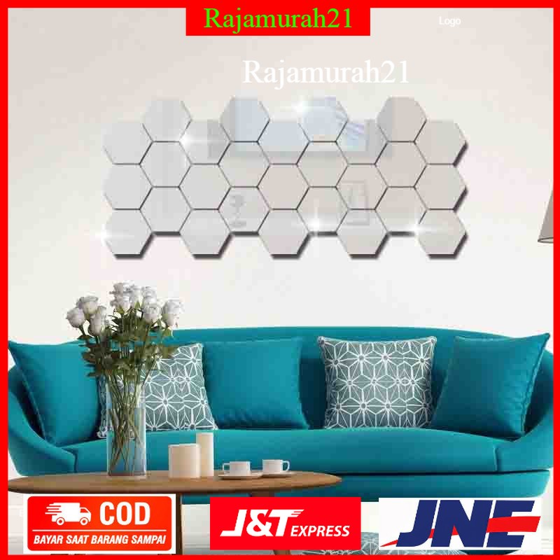 Sticker Dekorasi Dinding Hexagon Mirror Acrylic 7 PCS - Silver