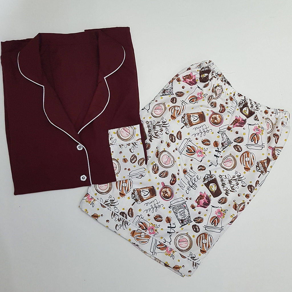 Setelan Piyama Dewasa Celana Pendek Lengan Pendek Hotpant All Size-HPL JCO WHITE COMBI