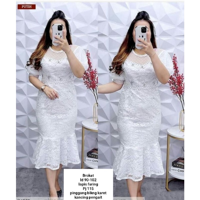 Dress Putih Duyung Brukat mode 18 payet mewah putih biru muda