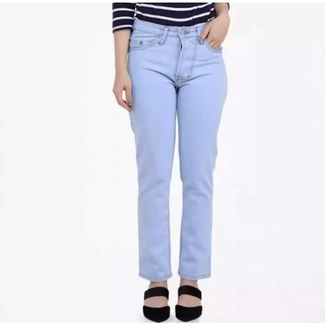 Boyfriend Jeans Loose Tebal Celana Basic Wanita Biru Light