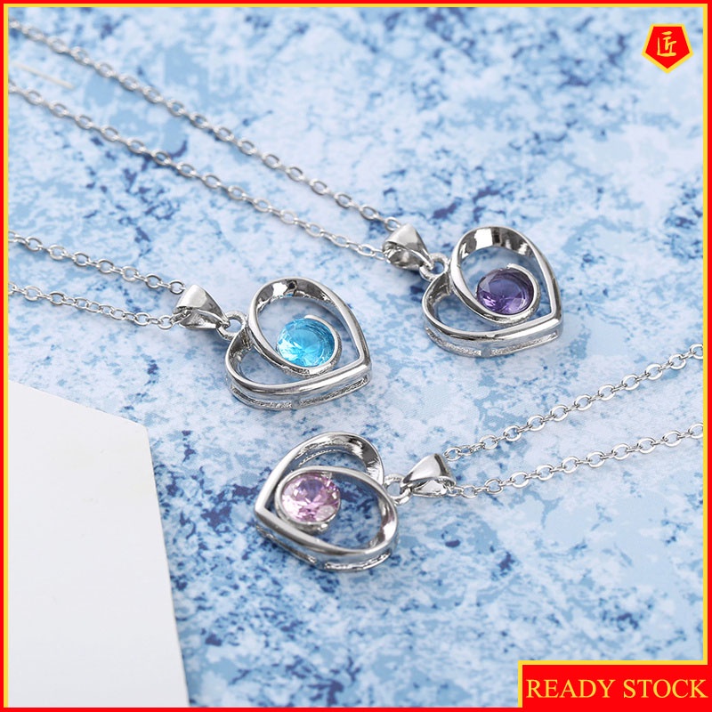 [Ready Stock]925 Silver Heart-Shaped Blue Crystal Pendant Simple Fashion