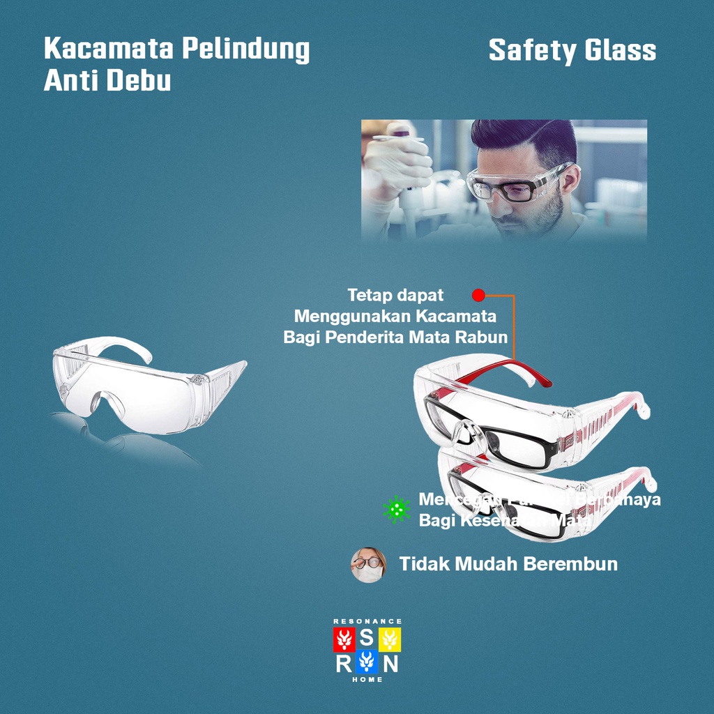 Kacamata Safety Glass Putih Transparan Anti Virus &amp; Debu Resonance Home