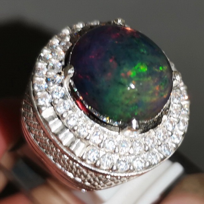 Cincin batu Permata Kalimaya Black Opal bagus Perak