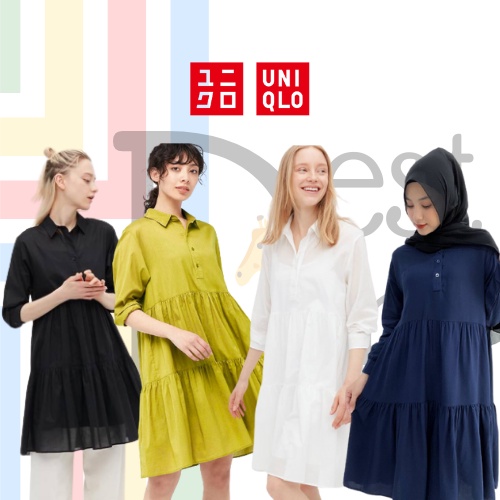 UNIQLO Cotton Tiered 3/4 Sleeve Mini Dress
