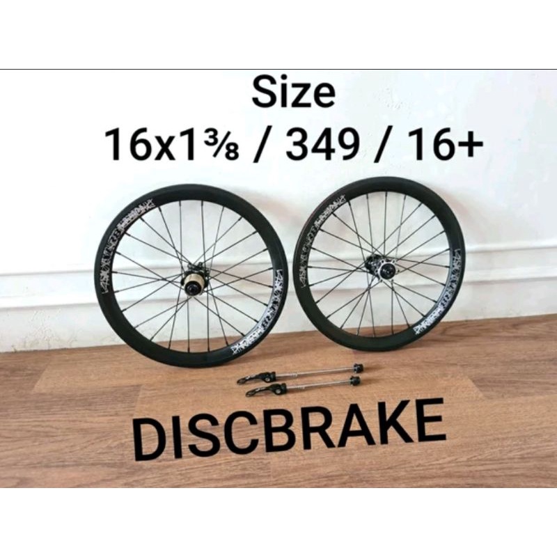 Wheelset Sepeda Lipat Discbrake Ukuran 16 Plus Roda Seli Folding Bike Disc Brake 349 Atau 16 x 1⅜ Alloy Alumunium Seukuran Fnhon Gust Smith Brompton