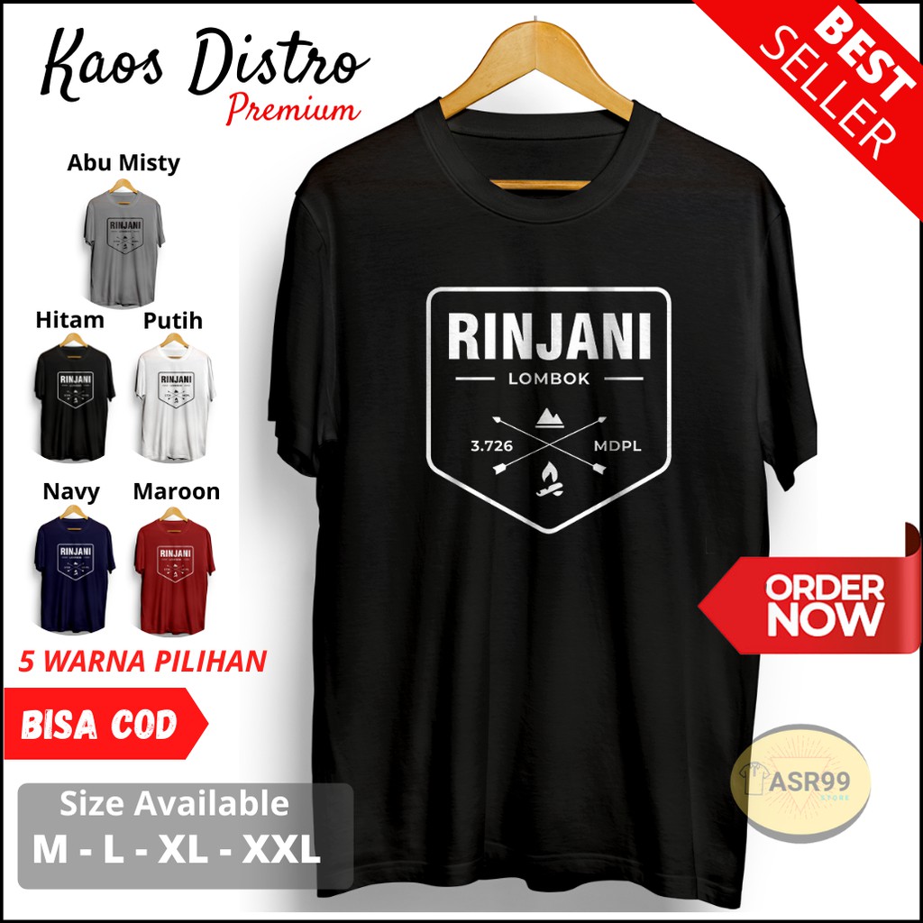 Baju Kaos Distro Outdoor Pria Gunung Rinjani Lombok Dewasa Terbaru - Hitam, M