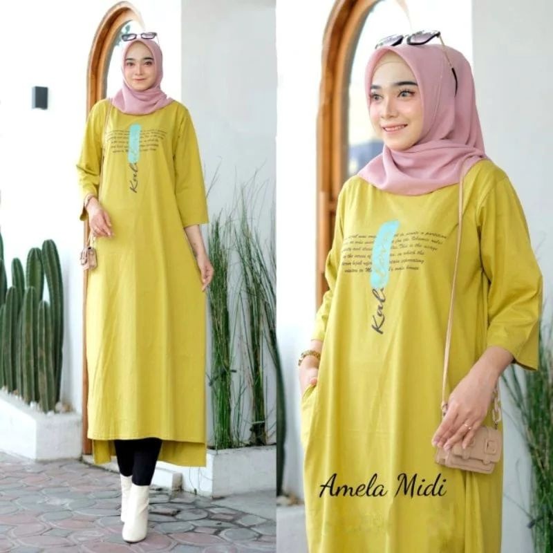 AMELA MIDI DRESS BAHAN KAOS KATUN COMBED 24s APLIKASI SABLON UKURAN LD 110 CM MIDI DRESS KOREAN STYLE MUSLIM DRESS WANITA TERBARU 2023 KEKINIAN FASHION MUSLIM WANITA