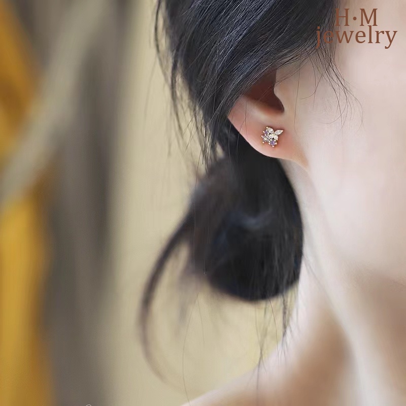 Anting Stud Desain Bunga Kupu-Kupu Warna Ungu Ukuran Kecil