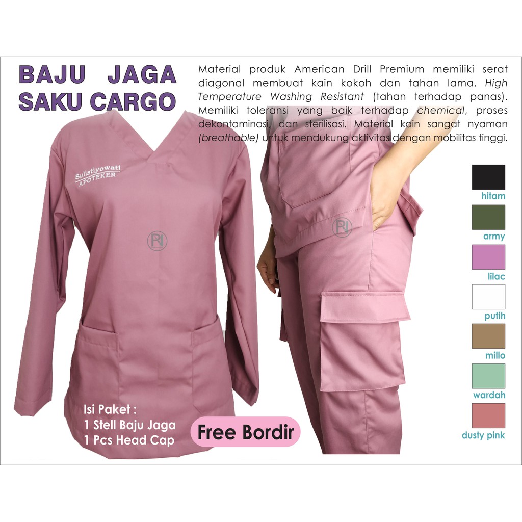 Baju Jaga Saku Cargo FREE BORDIR Tangan Panjang/Baju Tindakan/Baju OK/Scrub Suit