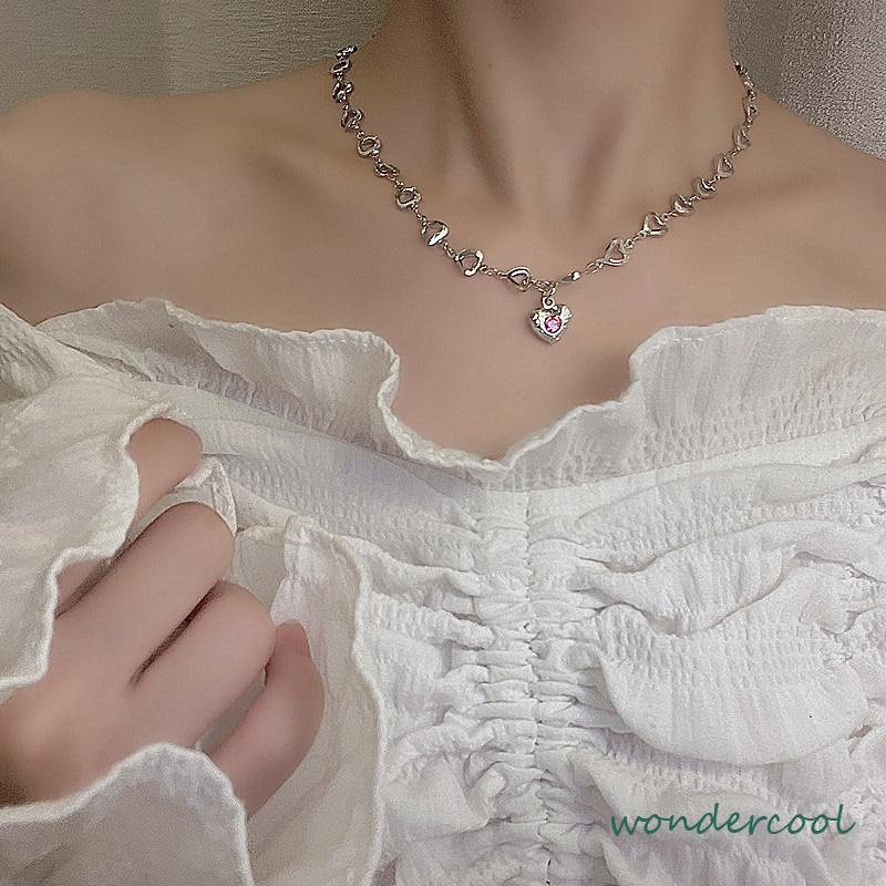 Desain Kalung Cinta Berlian Merah Muda Temperamen Rantai Klavikula-Won