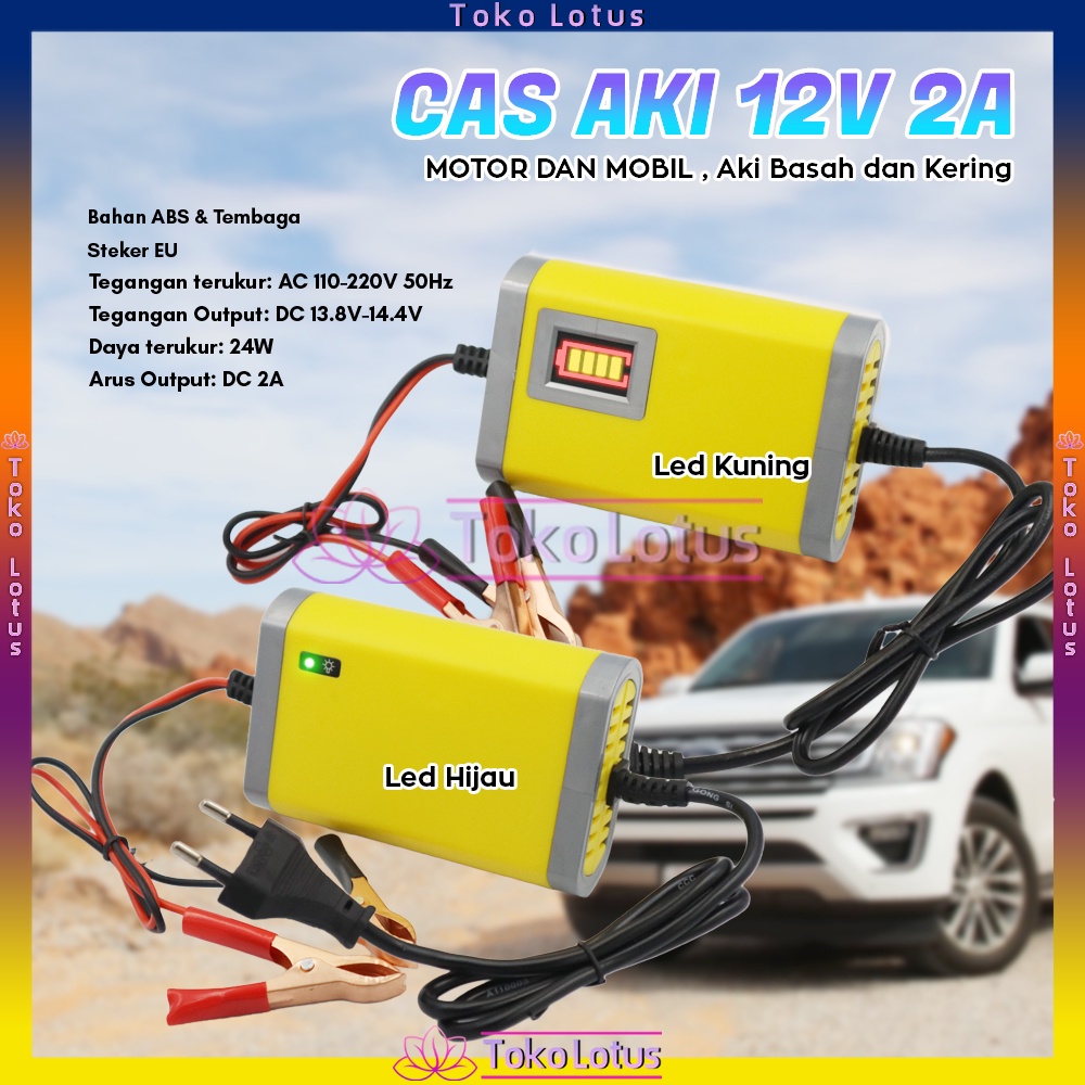 Cas Aki Portable 12V 2A Casan Accu Motor Mobil Sparepart Motor Listrik Colokan Indikator Carger