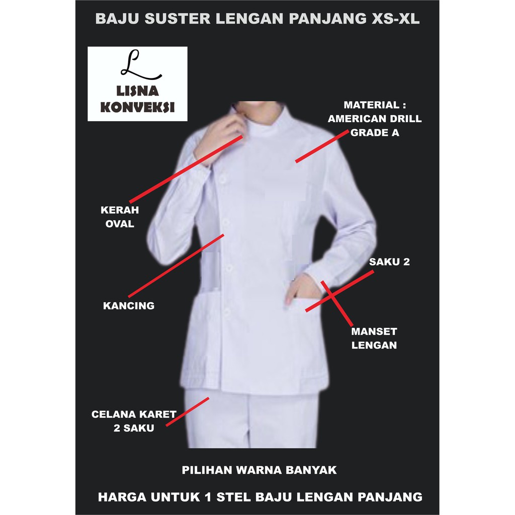 Atasan Baju Suster Kancing Samping Lengan Panjang XS-XL American Drill