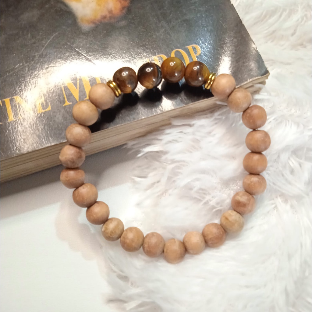 Gelang Batu Original Handmade Kayu Cendana Kombinasi Batu Alam Tiger Eye