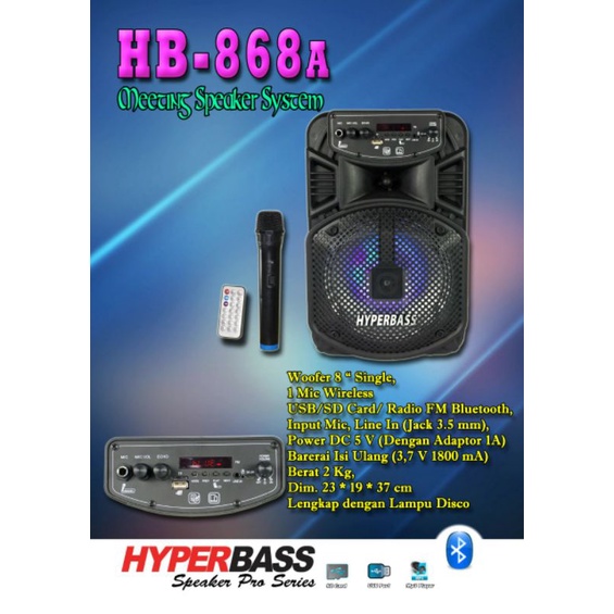 Speaker Meeting 8 inch Bonus Mic Wireless Hyperbass HB868A