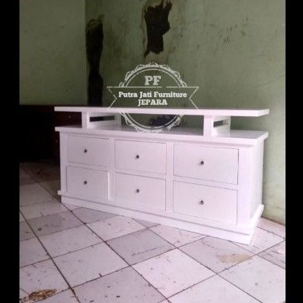 Bufet laci 6 meja Tv kayu jati awet warna putih duco panjang 150cm