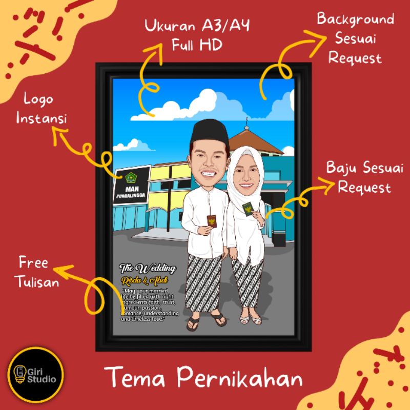 (ONLY SOFTFILE) Jasa Desain Karikatur Digital Tema Wedding | Kado Souvenir Hadiah Pernikahan