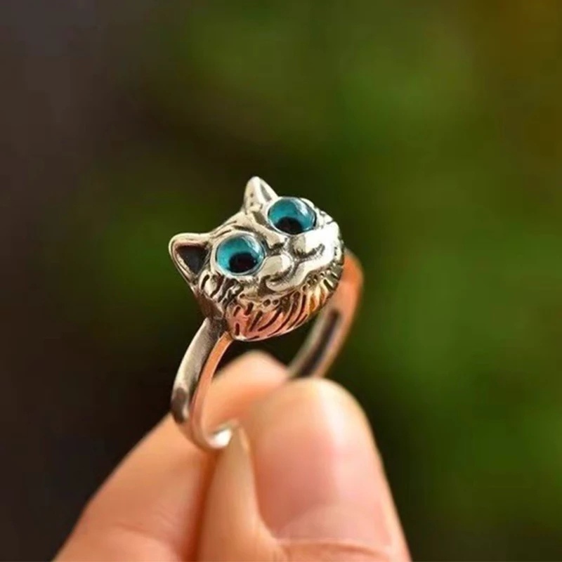 Cincin Bentuk Kucing Mata Biru Gaya Vintage Adjustable Untuk Unisex