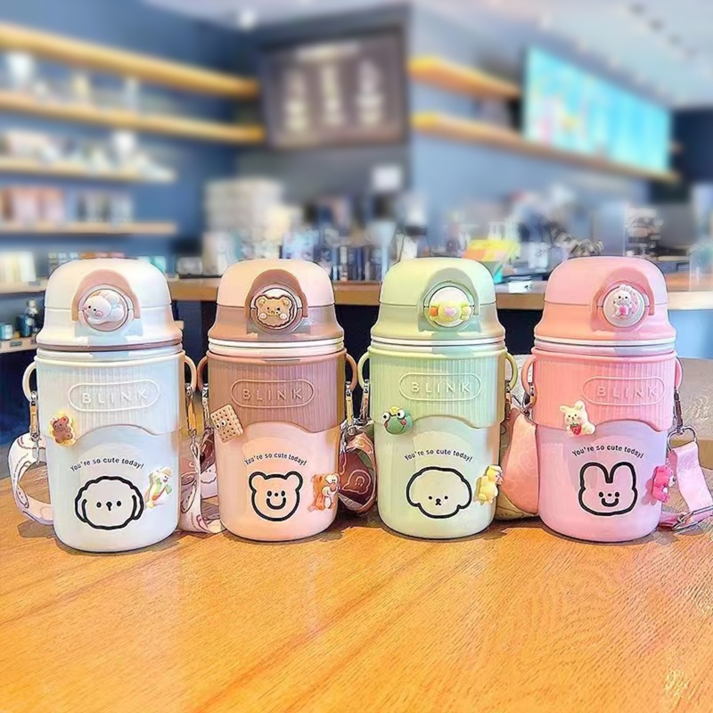 Kiss Botol Minum Thermos Insulated Anti Bocor Dengan Sedotan + Strap Untuk Anak