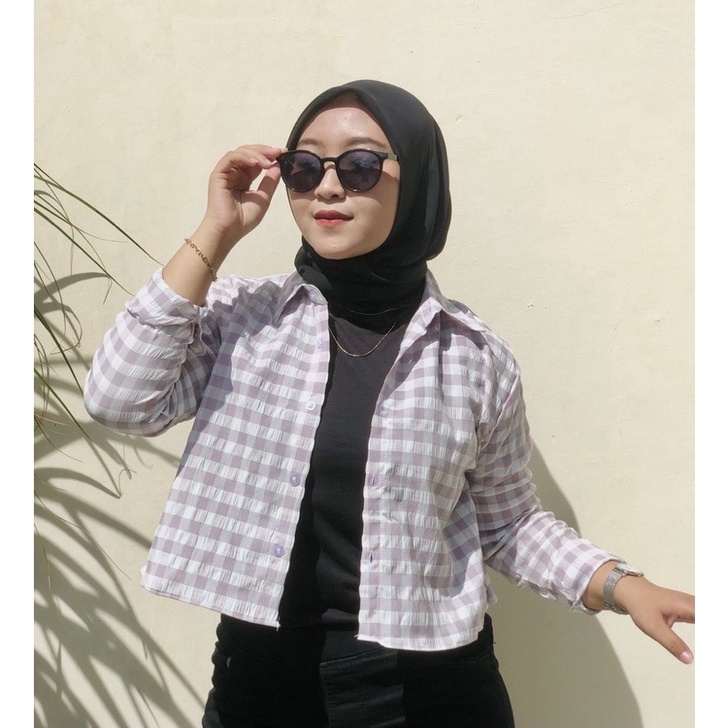 Crop Shirt Tartan Kemeja Crop Crinckle Kotak Alika Blouse Crinkle