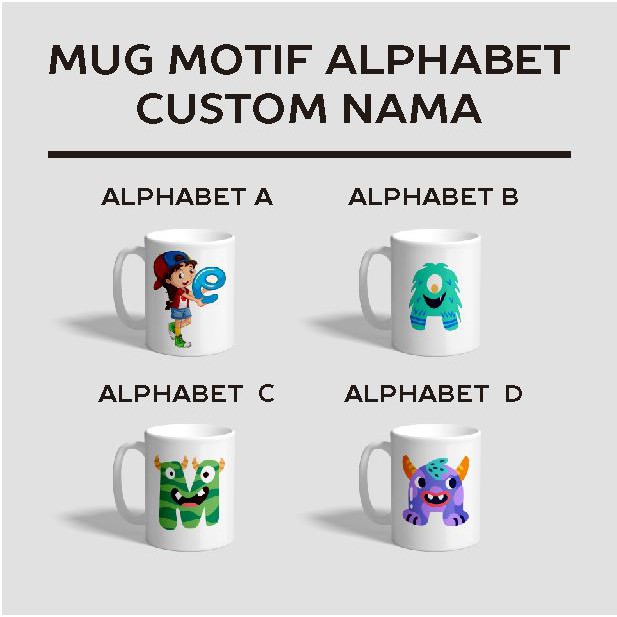 Mug Gelas Sablon Custom Nama Anak Alphabet Souvenir Hampers Gift Kado Ulang Tahun Wisuda Hadiah